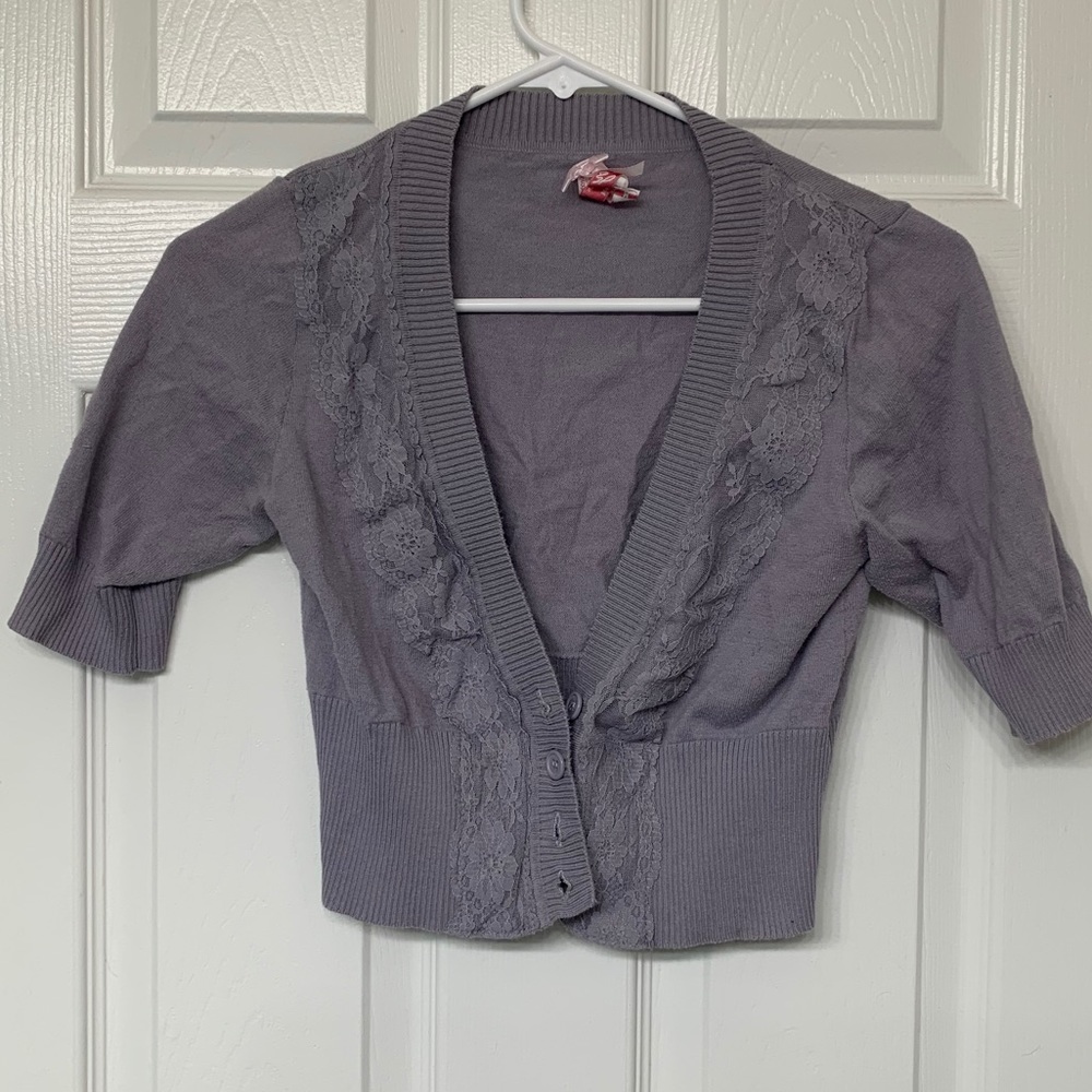 Blue-Grey Lacy Detail 4 Button Shrug